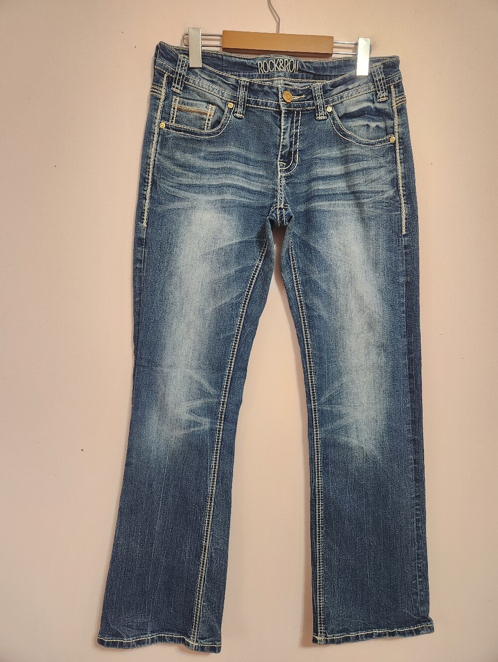 Rock & Roll Cowgirl Riding Bootcut Jeans Western Thick Stitch Embroidered 29x32